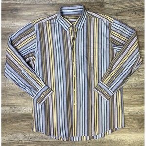 Alan Flusser Button Down Men's‎ Size Large Striped Dress Shirt Blue Yellow